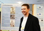 David Ingleman, Anthropology with his poster presentation, "Kojo's (Dis)ability: Interpreting Impairment in an 18th-Century Jamaican Maroon Community."