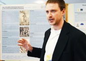 David Ingleman, Anthropology with his poster presentation, "Kojo's (Dis)ability: Interpreting Impairment in an 18th-Century Jamaican Maroon Community."