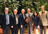 The Fred Keeley lecture was delivered by Steven Chu, a professor of physics and molecular & cellular physiology at Stanford University. From left to right: Paul Koch, Sheldon Kamieniecki, Steven Chu,  Fred Keeley, Fred Keeley Coastal Scholarship recipient Erica Ferrer, and Chancellor George Blumenthal