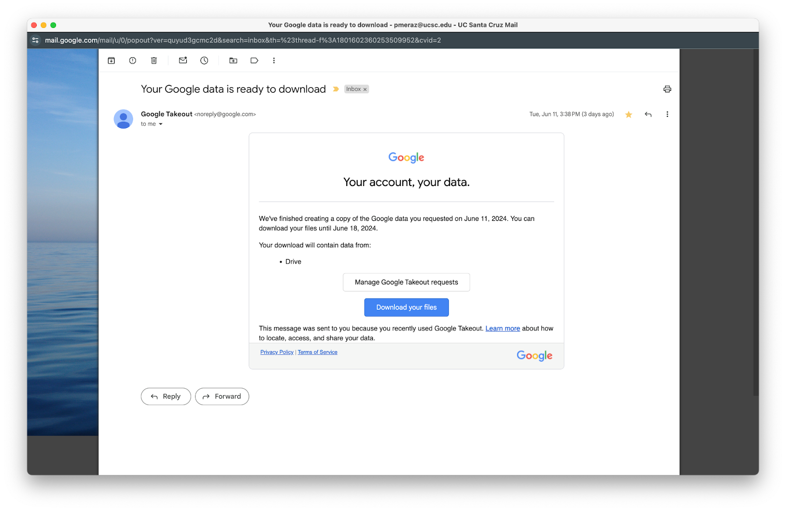 The image is of a screenshot of an email with the title "Your Google Data is ready to download". At the end of the email, there is a button that says "download."