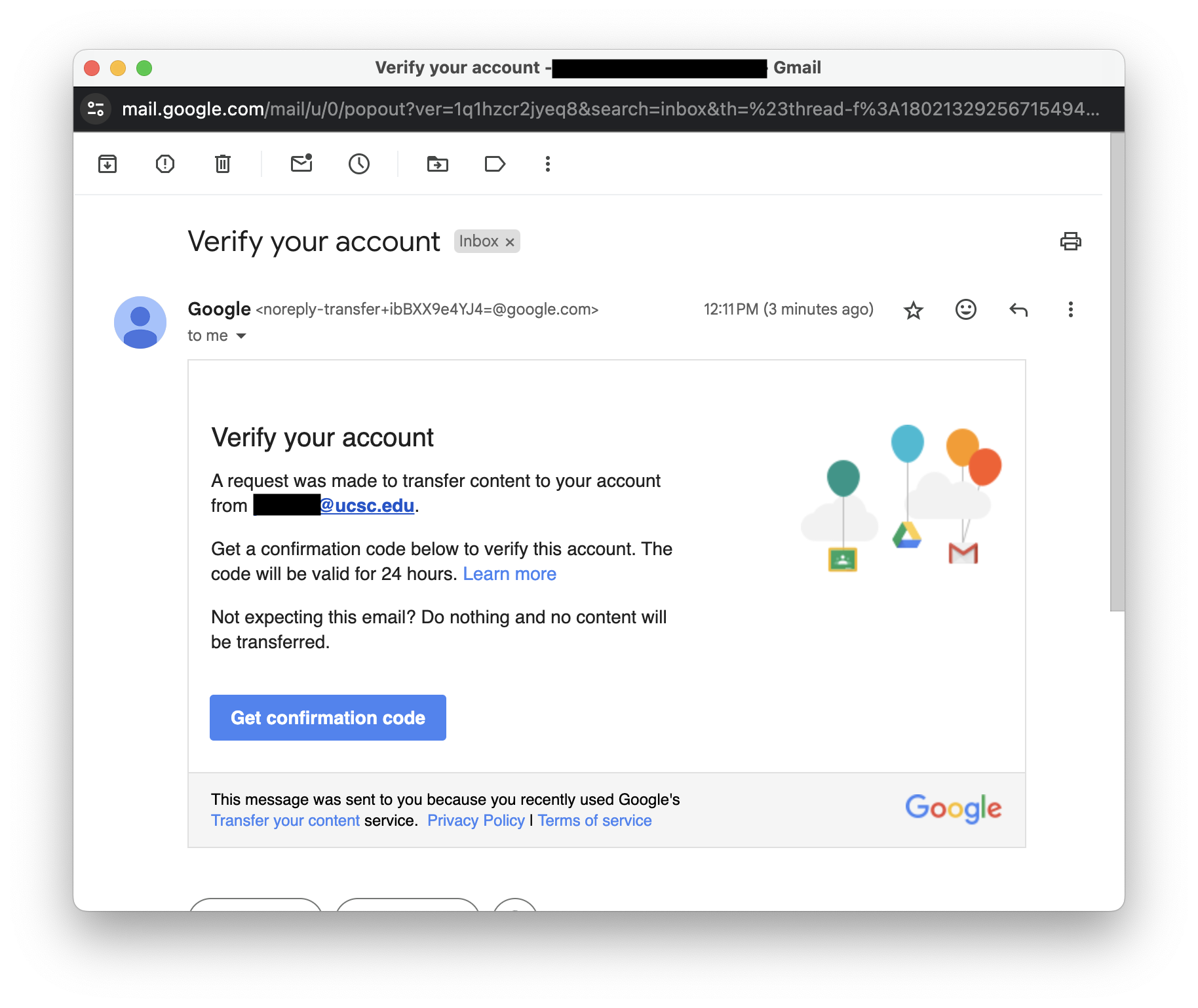 Sample of the verification email message you will receive from Google.