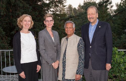 From left to right: Dean of the Social Sciences Division, Katharyne Mitchell, Campus Provost/Executive Vice Chancellor Marlene Tromp, Muhammad Yunus, and Chancellor George Blumenthal. Photo by Steve Kurtz.