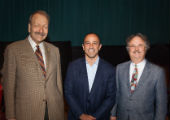 Chancellor George Blumenthal with Jimmy Panetta (center) and Dean of the Division of Social Sciences, Sheldon Kamieniecki 