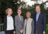 (from left to right) Dean of the Social Sciences Division, Katharyne Mitchell, Campus Provost/Executive Vice Chancellor Marlene Tromp, Muhammad Yunus, and Chancellor George Blumenthal.  