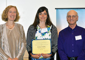 Emma Clabby receiving the 2019 Keeley Award from Dean Katharyne Mitchell and Michael Loik