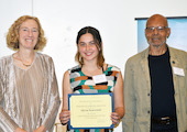  Alyssa Scarsciotti receiving the 2019 Zimmerman Award from Dean Katharyne Mitchell and John Brown Childs