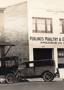 Perlino's Poultry & Egg Store, downtown Santa Cruz, California. circa 1930's.